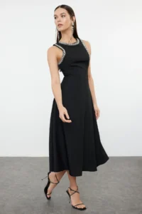 TRENDYOLMİLLA Black A-Kesim Stone with accessories Weaving Dress - Image 6
