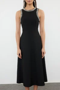 TRENDYOLMİLLA Black A-Kesim Stone with accessories Weaving Dress - Image 7