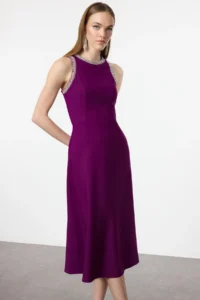 TRENDYOLMİLLA Plum A-Kesim Stone with accessories Weaving Evening Gown Gece Graduation Dress - Image 2
