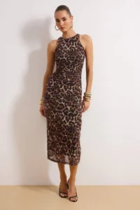 TRENDYOLMİLLA Brown Multicolored Hayvan Patterned Leopard Knitting Tulle Chic Evening Gown Dress