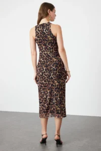 TRENDYOLMİLLA Brown Multicolored Hayvan Patterned Leopard Knitting Tulle Chic Evening Gown Dress - Image 10