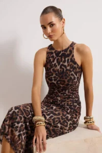 TRENDYOLMİLLA Brown Multicolored Hayvan Patterned Leopard Knitting Tulle Chic Evening Gown Dress - Image 2