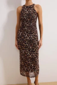 TRENDYOLMİLLA Brown Multicolored Hayvan Patterned Leopard Knitting Tulle Chic Evening Gown Dress - Image 3