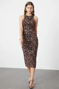 TRENDYOLMİLLA Brown Multicolored Hayvan Patterned Leopard Knitting Tulle Chic Evening Gown Dress - Image 5