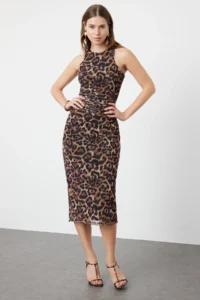 TRENDYOLMİLLA Brown Multicolored Hayvan Patterned Leopard Knitting Tulle Chic Evening Gown Dress - Image 6
