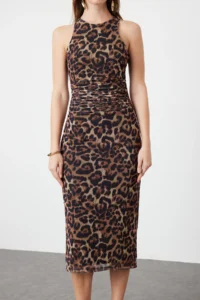 TRENDYOLMİLLA Brown Multicolored Hayvan Patterned Leopard Knitting Tulle Chic Evening Gown Dress - Image 8