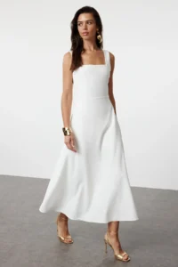 TRENDYOLMİLLA White A-Kesim Weaving Wedding/Marriage Chic Evening Gown Dress