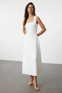 TRENDYOLMİLLA White A-Kesim Weaving Wedding/Marriage Chic Evening Gown Dress - Image 2