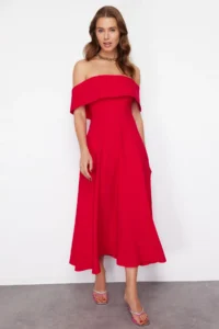 TRENDYOLMİLLA Rejection Collar Detailed A-Line Weaving Chic Evening Gown Dress - Image 2