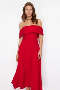 TRENDYOLMİLLA Rejection Collar Detailed A-Line Weaving Chic Evening Gown Dress - Image 3