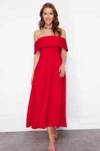 TRENDYOLMİLLA Rejection Collar Detailed A-Line Weaving Chic Evening Gown Dress - Image 4
