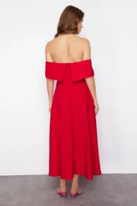 TRENDYOLMİLLA Rejection Collar Detailed A-Line Weaving Chic Evening Gown Dress - Image 7