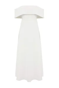 TRENDYOLMİLLA White Collar Detailed A-Line Weaving Chic Evening Gown Dress - Image 5