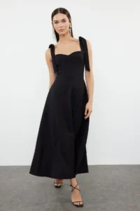 TRENDYOLMİLLA Black A-Cut Strap Binding Detailed Weaving Evening Gown Gece Graduation Dress - Image 5