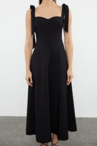 TRENDYOLMİLLA Black A-Cut Strap Binding Detailed Weaving Evening Gown Gece Graduation Dress - Image 7