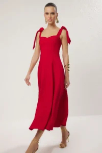 TRENDYOLMİLLA Rejection A-Cut Strap Binding Detailed Weaving Midi Chic Evening Gown Gece Graduation Dress - Image 2