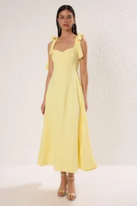 TRENDYOLMİLLA Light Yellow A-Cut Strap Binding Detailed Weaving Midi Chic Evening Gown Gece Graduation Dress
