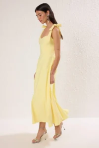 TRENDYOLMİLLA Light Yellow A-Cut Strap Binding Detailed Weaving Midi Chic Evening Gown Gece Graduation Dress - Image 2