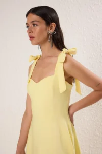 TRENDYOLMİLLA Light Yellow A-Cut Strap Binding Detailed Weaving Midi Chic Evening Gown Gece Graduation Dress - Image 3