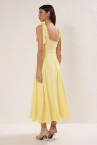 TRENDYOLMİLLA Light Yellow A-Cut Strap Binding Detailed Weaving Midi Chic Evening Gown Gece Graduation Dress - Image 4