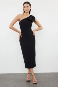 TRENDYOLMİLLA Black Body-Fitting One Shoulder Bow Detailed Weaving Midi Evening Gown Night Graduation her dress - Image 2