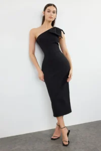 TRENDYOLMİLLA Black Body-Fitting One Shoulder Bow Detailed Weaving Midi Evening Gown Night Graduation her dress - Image 3