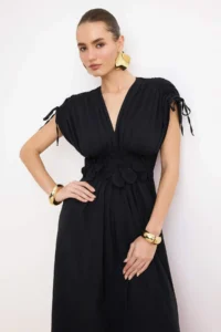 TRENDYOLMİLLA Black 3D Floral Detailed Poplin Chic Evening Gown Night Graduation Dress - Image 2