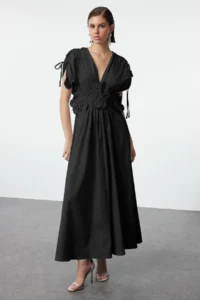 TRENDYOLMİLLA Black 3D Floral Detailed Poplin Chic Evening Gown Night Graduation Dress - Image 5