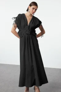TRENDYOLMİLLA Black 3D Floral Detailed Poplin Chic Evening Gown Night Graduation Dress - Image 6