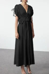 TRENDYOLMİLLA Black 3D Floral Detailed Poplin Chic Evening Gown Night Graduation Dress - Image 7