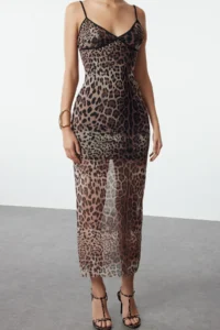 TRENDYOLMİLLA Brown Body-Fitting Leopard Patterned Tulle Weaving Evening Gown Gece Graduation Dress - Image 3