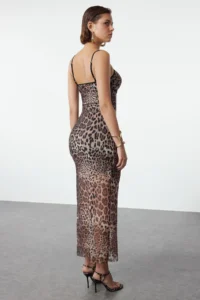 TRENDYOLMİLLA Brown Body-Fitting Leopard Patterned Tulle Weaving Evening Gown Gece Graduation Dress - Image 5