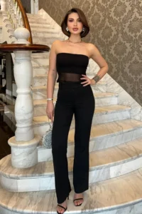 TRENDYOLMİLLA Black Strapless Tulle Detailed Weaving Blouse Pants Top and Bottom Set - Image 3