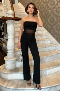 TRENDYOLMİLLA Black Strapless Tulle Detailed Weaving Blouse Pants Top and Bottom Set - Image 5