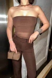 TRENDYOLMİLLA Brown Strapless Tulle Detailed Weaving Blouse Pants Top and Bottom Set - Image 3