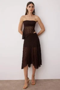 TRENDYOLMİLLA Brown Plain Strapless Sleeveless Knitting Lace Elegant/Evening Bottom - Top Set - Image 2