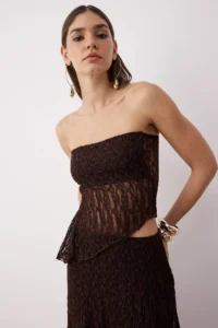 TRENDYOLMİLLA Brown Plain Strapless Sleeveless Knitting Lace Elegant/Evening Bottom - Top Set - Image 3