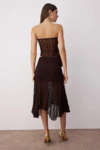 TRENDYOLMİLLA Brown Plain Strapless Sleeveless Knitting Lace Elegant/Evening Bottom - Top Set - Image 4
