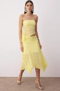 TRENDYOLMİLLA Light Yellow Plain Strapless Sleeveless Knitting Lace Elegant/Evening Bottom - Top Set