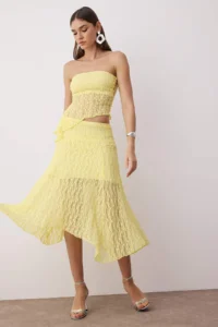 TRENDYOLMİLLA Light Yellow Plain Strapless Sleeveless Knitting Lace Elegant/Evening Bottom - Top Set - Image 2