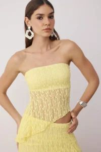 TRENDYOLMİLLA Light Yellow Plain Strapless Sleeveless Knitting Lace Elegant/Evening Bottom - Top Set - Image 3