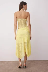 TRENDYOLMİLLA Light Yellow Plain Strapless Sleeveless Knitting Lace Elegant/Evening Bottom - Top Set - Image 4