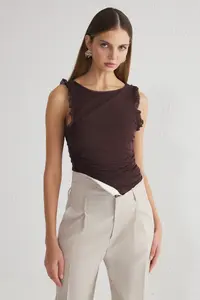 TRENDYOLMİLLA Brown Lined Tulle Knitting Bodysuit .D.00003