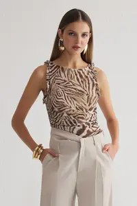 TRENDYOLMİLLA Multicolored Zebra Patterned Lined Tulle Knitting Bodysuit .D.00003 - Image 2