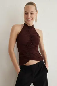 TRENDYOLMİLLA Brown Drape Detailed Knitting Bustier