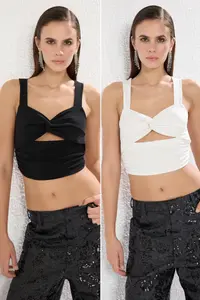 TRENDYOLMİLLA Black-White 2 Sets Package Cut Out/Window Detailed Crop Knitting Blouse - Image 2