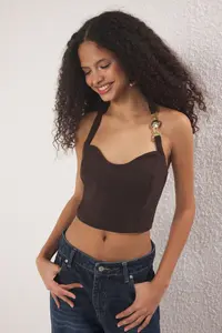 TRENDYOLMİLLA Brown Plain Sleeveless Weaving Finike Bustier - Image 2