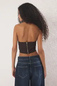 TRENDYOLMİLLA Brown Plain Sleeveless Weaving Finike Bustier - Image 5