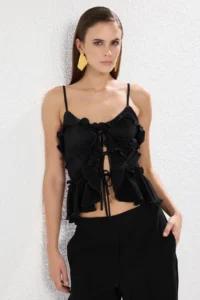 TRENDYOLMİLLA Black Frilly pleated Knitting Blouse
