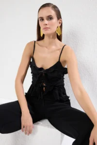 TRENDYOLMİLLA Black Frilly pleated Knitting Blouse - Image 2